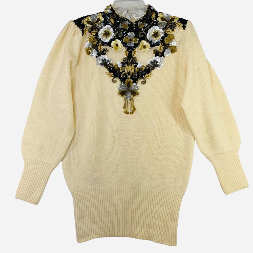 Vintage 90s Lambswool Angora Sweater Size M Cream Sequin Beaded Glam Retro